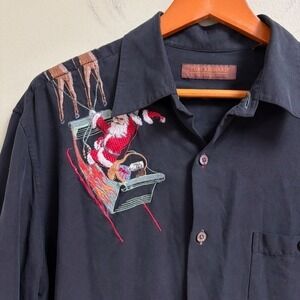 Tori Richard Men 100% Silk Christmas Button Shirt Size L Embroidered Long Sleeve